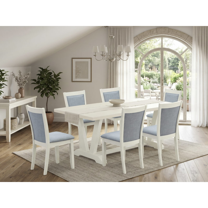 Ensemble de table de salle à manger 7 pièces comprenant une table et 6 chaises en lin bleu clair à haut dossier - Lin brossé blanc