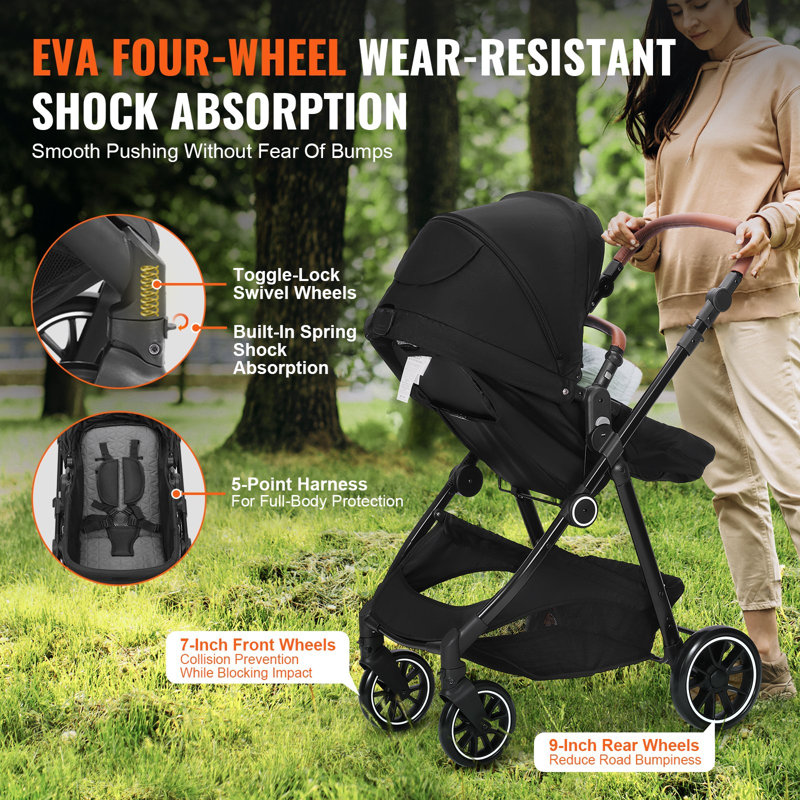 Standard Baby Stroller, Infant Toddler Stroller with Bassinet, 3rd-Gear Adjustable Backrest and Foldable and Reversible Seat, Carbon Steel Newborn Stroller with Leg Cover and Mesh Net, Black