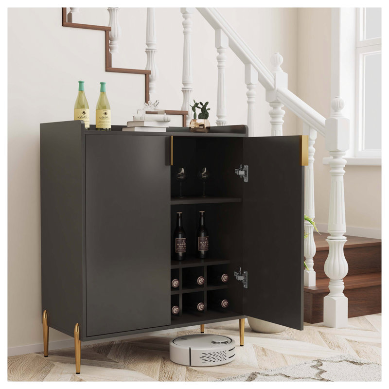 2 doors home wine bar cabinet with wine rack & adjustable storage shelf, modern sideboard with soft-closing hinge, dinning room buffet cabinet, Liquor Cabinet kitchen, living room coffee cart BLACK