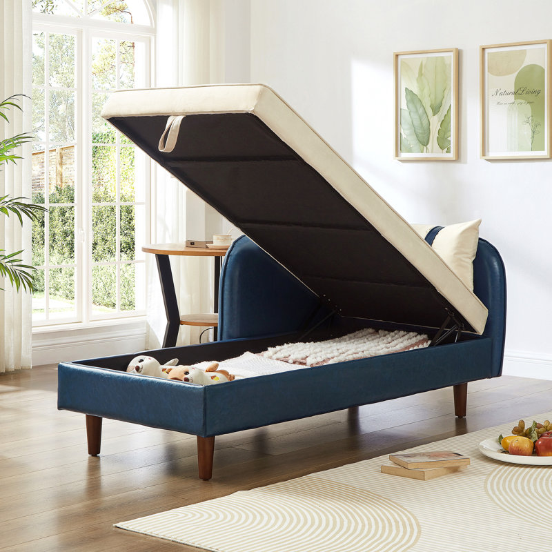 Canapé de rangement 65 po en PU et velours, Bleu marine / beige