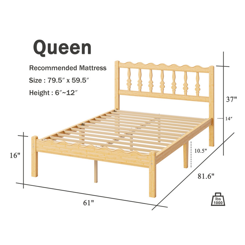 Structure de lit grand en bois massif avec tête de lit ondulée, sans sommier tapissier, bambou et métal, Grand, 14"