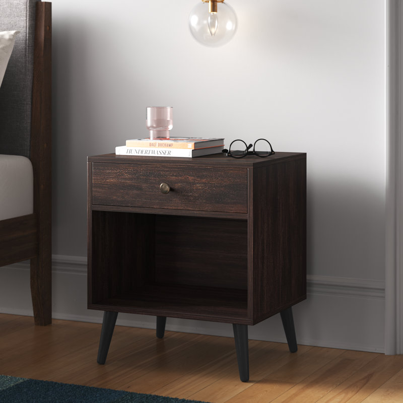 19.7" W Vansant 1 - Drawer Nightstand with Drawer and Open Compartment, Solid Wood Legs, Coffee Brown