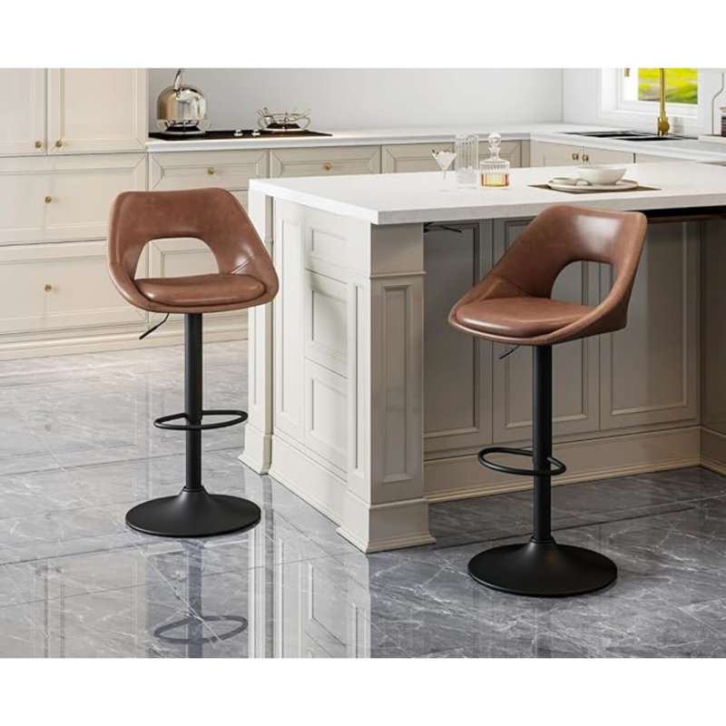 Swivel Upholstered Adjustable Height Counter Stool with Metal Frame, Brown Seat/Black Frame