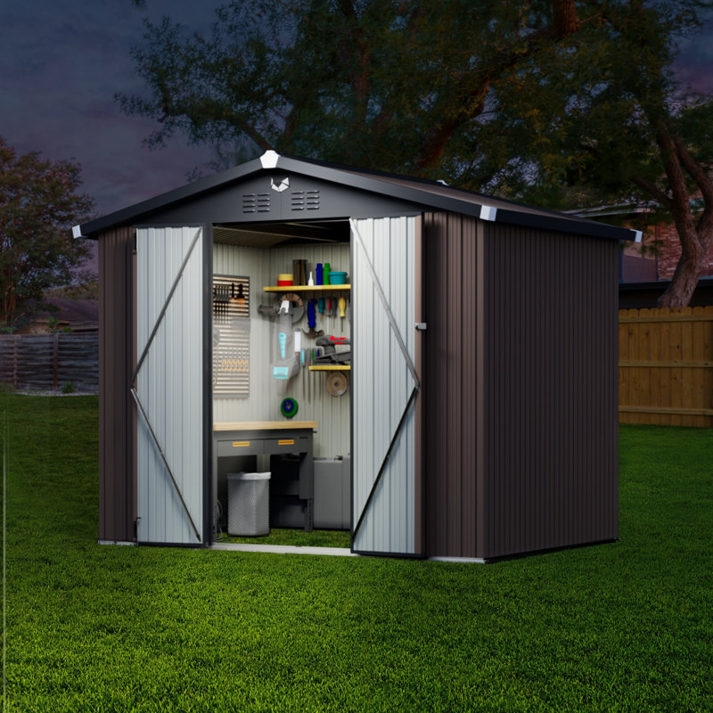 8 Ft. W x 6 Ft. D Galvanized Steel Frame Metal Storage Shed with Dual Lighting (Solar & Handheld) - Brown, Brown