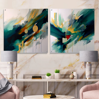 Geometric Green And Gold Motion - Abstract Geometric Acrylic Wall Art Glass Set Of 2