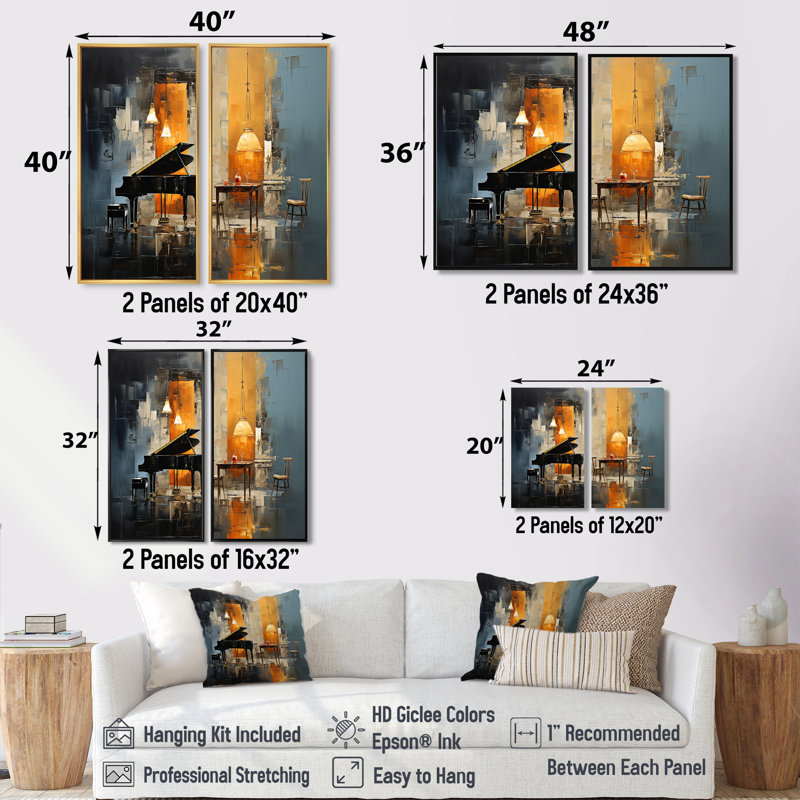 «Yellow and Blue Piano Jazz Room Harmony I - Music Music Jazz», art mural 2 pièces, 36" H x 48" W, Black