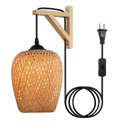 Cordrey Modern Bamboo Plug in Wall Lamp-Farmhouse Handmade Rattan Lamp for Living Room
