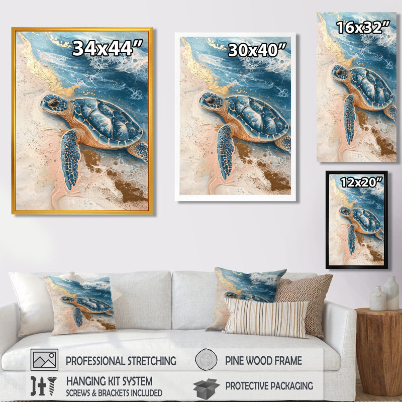 Colaluca, tortues dorées sur la plage II - tortue, art mural, H 32 po x l 24 po, Impression encadrée, Doré