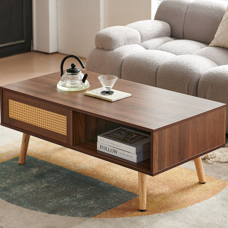 Table basse moderne avec porte coulissante en PE, pieds en bois massif, couleur noyer, surface lisse, l 41,5 po x l 21,35 po, l 16,1 po, 220 lb, table de bureau et de salon, look élégant,