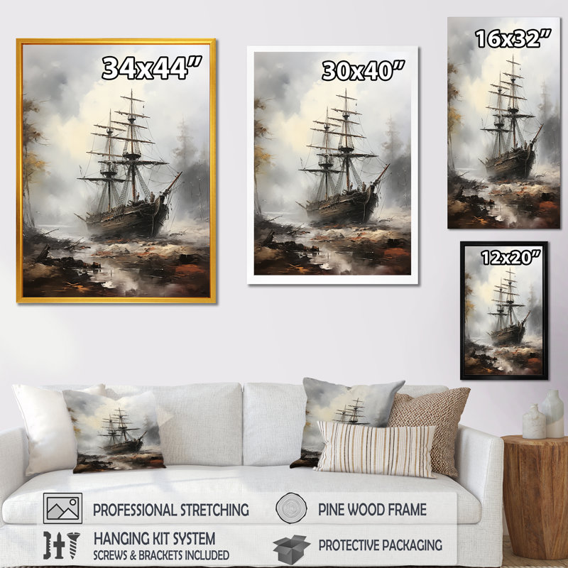 Bateau fantôme pirate 3 - Art mural pirate, H 20 po x l 12 po x P 1 po, Toile tendue