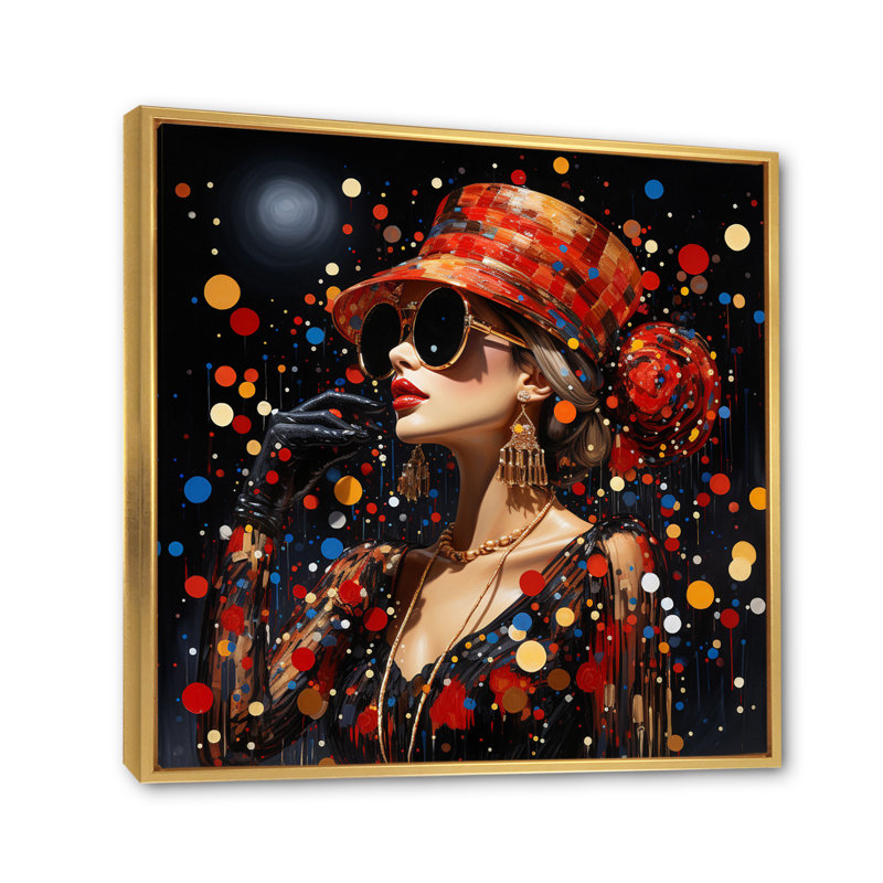 Portrait de mode rouge pointillisme II - imprimé, H 36 po x l 36 po x P 1,5 po, Cadre flottant doré