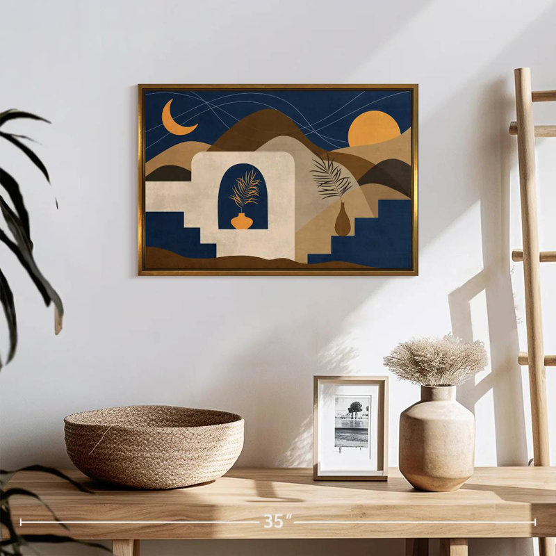 Boho, soleil, lune et montagnes II, 19 po x 13 po, Cadre flottant doré
