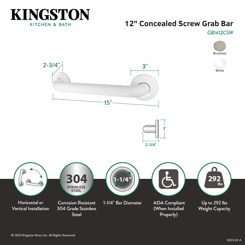 Kingston Brass Made To Match 1-1/4 Inch O.D Grab Bar, 12" W, White