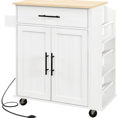 White Rolling Cart With Storage And Electrical Functions, Ac Outlets, Ports, Drawer, Cabinet, Towel Rack, Spice Rack For Kitchen Mobile Island Outlets Valuable - White, Cabinet Adjustable Shelf,
