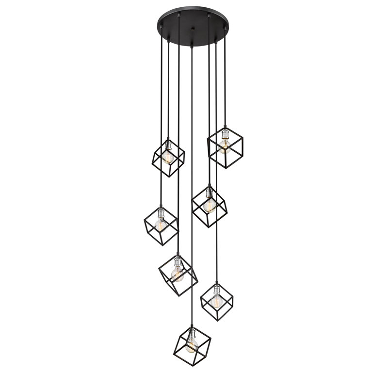 Luminaire suspendu géométrique à 7 lumières Grgies, Noir mat / nickel brossé