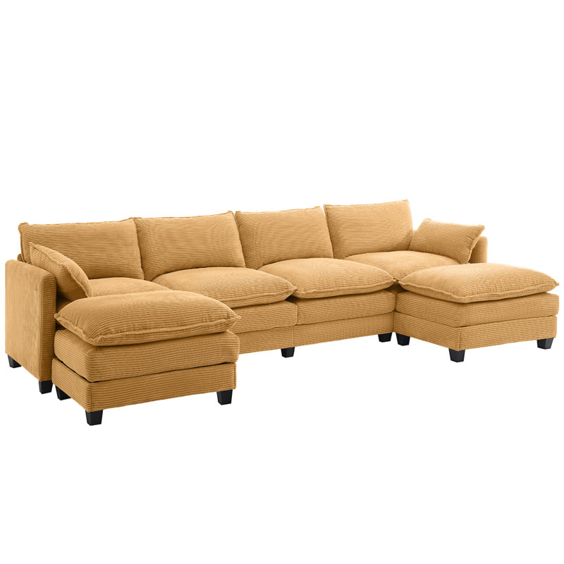 133" Corduroy 4-Seater Sectional Sofa With 2 Movable Ottomans, Modular Design, Yellow Corduroy
