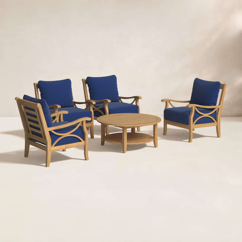 Ensemble de salon d'extérieur en teck Brunswick pour 4 personnes avec coussins, Bleu marine (performance)