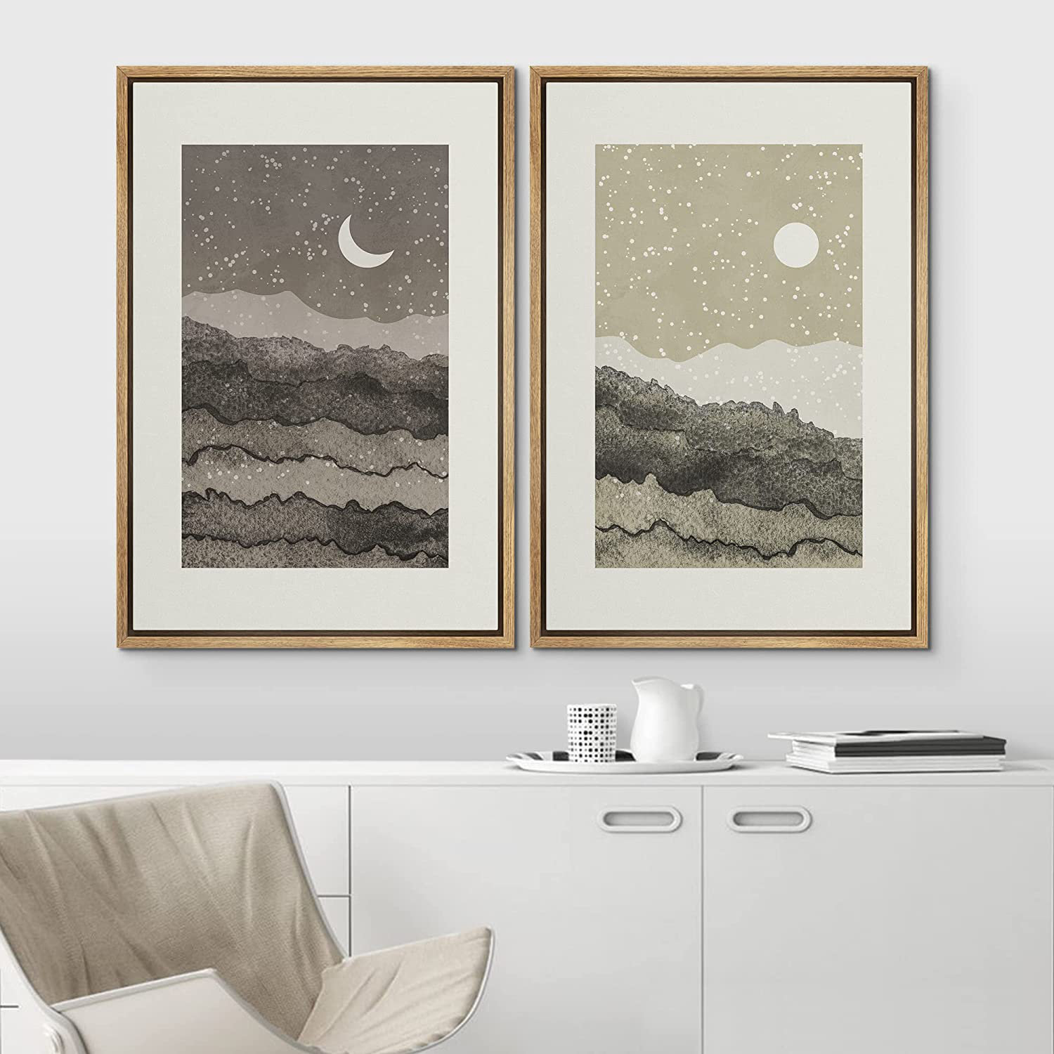 IDEA4WALL Framed Wall Art Print Set Crescent Moon Shining Sun Watercolor Landscape Abstract Symbols Modern Art Boho Graphic Colorful Chic for Living R