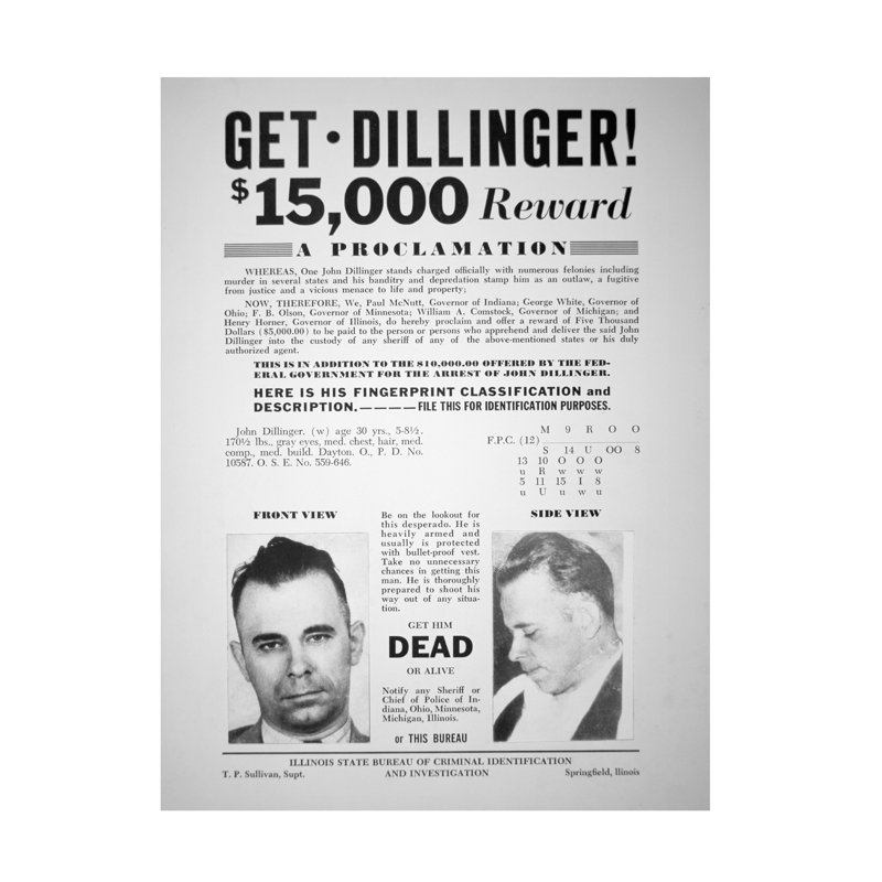 «American School Reward», affiche pour John Dillinger, 1933, art sur toile, H 19 po x l 14 po
