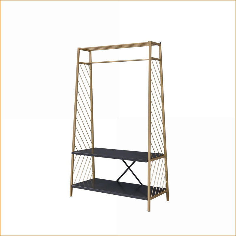 Portemanteaux moderne en métal avec tablettes à 2 niveaux Rail suspendu | Or et amp; Noir | Métal