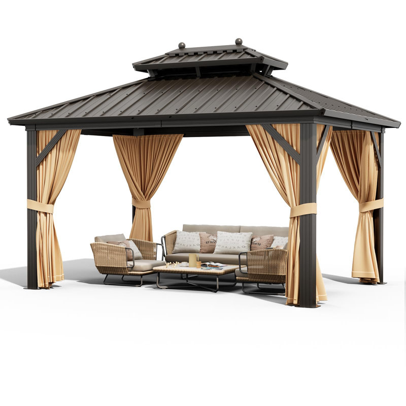 Hardtop Gazebo Double Roof With Nettings and Curtains, Aluminum Frame, Heavy Duty Galvanized Steel Outdoor Vertical Stripes Roof for Garden