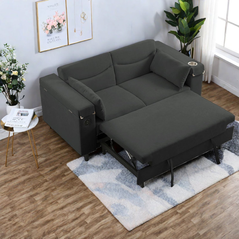 Canapé polyvalent gris foncé avec détails en bois et commodité USB