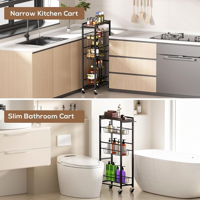 4 Tier Slim Rolling Storage Cart With Pull-Out Baskets, Narrow S...
