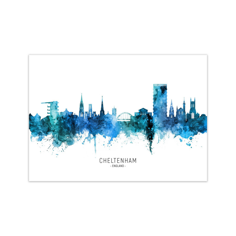 Cheltenham England Skyline Blue City Name by Michael Tompsett - Print, Unframed, 21cm H x 30cm W x 1cm D