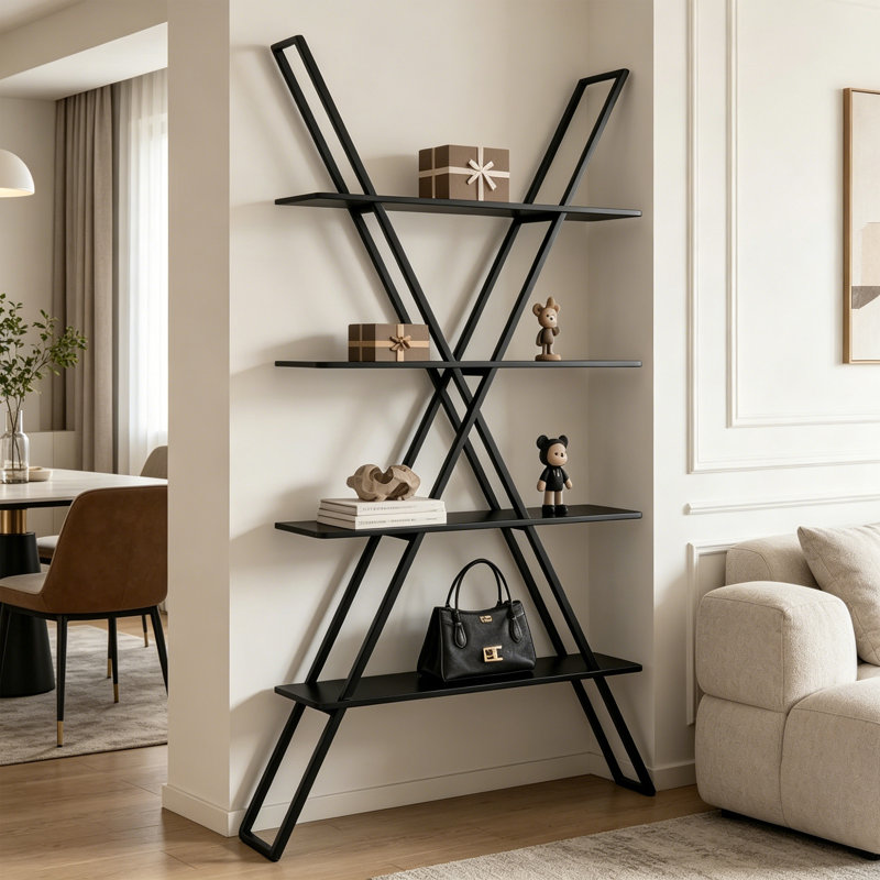 4 Tier X Frame Metal Display Shelf, Black, (4 Shelves) 68.9"H x 39.37"W x 11.81"D