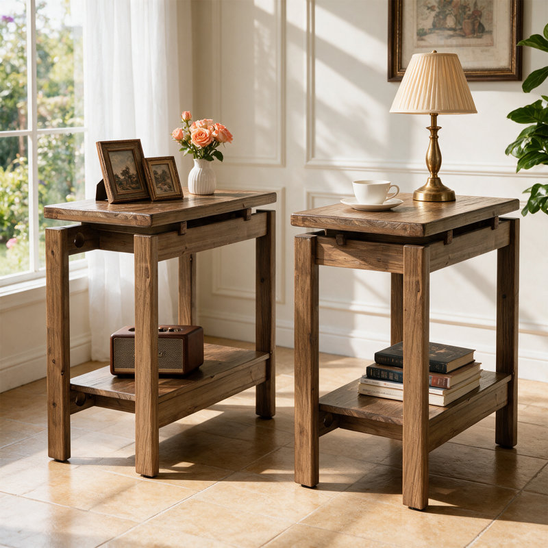 Table d'appoint en bois massif, petite table de chevet à 2 niveaux, 2