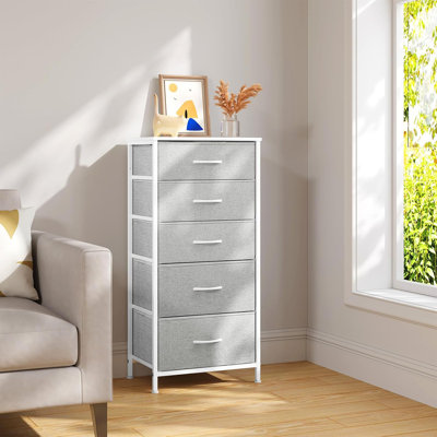 Kommode Mit 5 Schubladen Aus Stoff, Kommodenschrank Sideboard Schubladenschrank, Für Schlafzimmer Wohnzimmer Flur, Aus Metallrahmen Holzwerkstoff, Wolkenweiß-eichenbeige