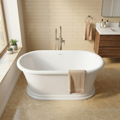 61" White Solid Surface Oval Freestanding Soaking Bathtub with Pedestal Base
