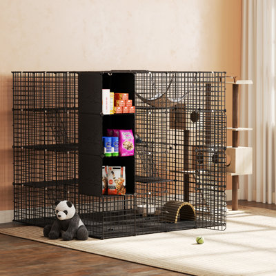 Balconera Large Cat Cage With Storage Cube DIY Indoor Catio Cat Enclosures Metal Cat Playpen With Large Hammock