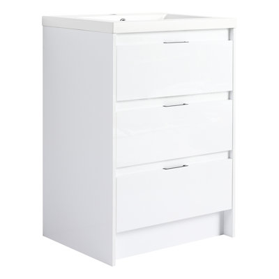 Meuble de salle de bain autoportant de 61 cm avec lavabo en résine, 3 tiroirs à fermeture douce, blanc brillant - Moderne et fonctionnel pour un confort intemporel.