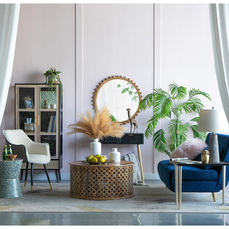 Miroir rond en bois avec cadre perlé pour décoration de salon 33,5 x 2 x 33,5 pouces avec entrée