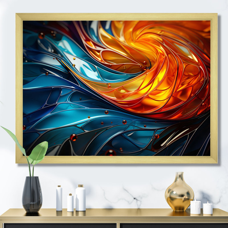 Yelow bleu sarcelle abstrait fractal fractal fusion, H 30 po x l 40 po x P 1,5 po, Encadrement doré