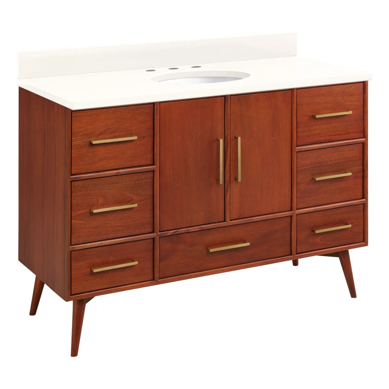 48" Novak Single Bathroom Vanity Set with Oval Undermount Sink, Natural Teak, 8" Widespread, Arctic White Quartz