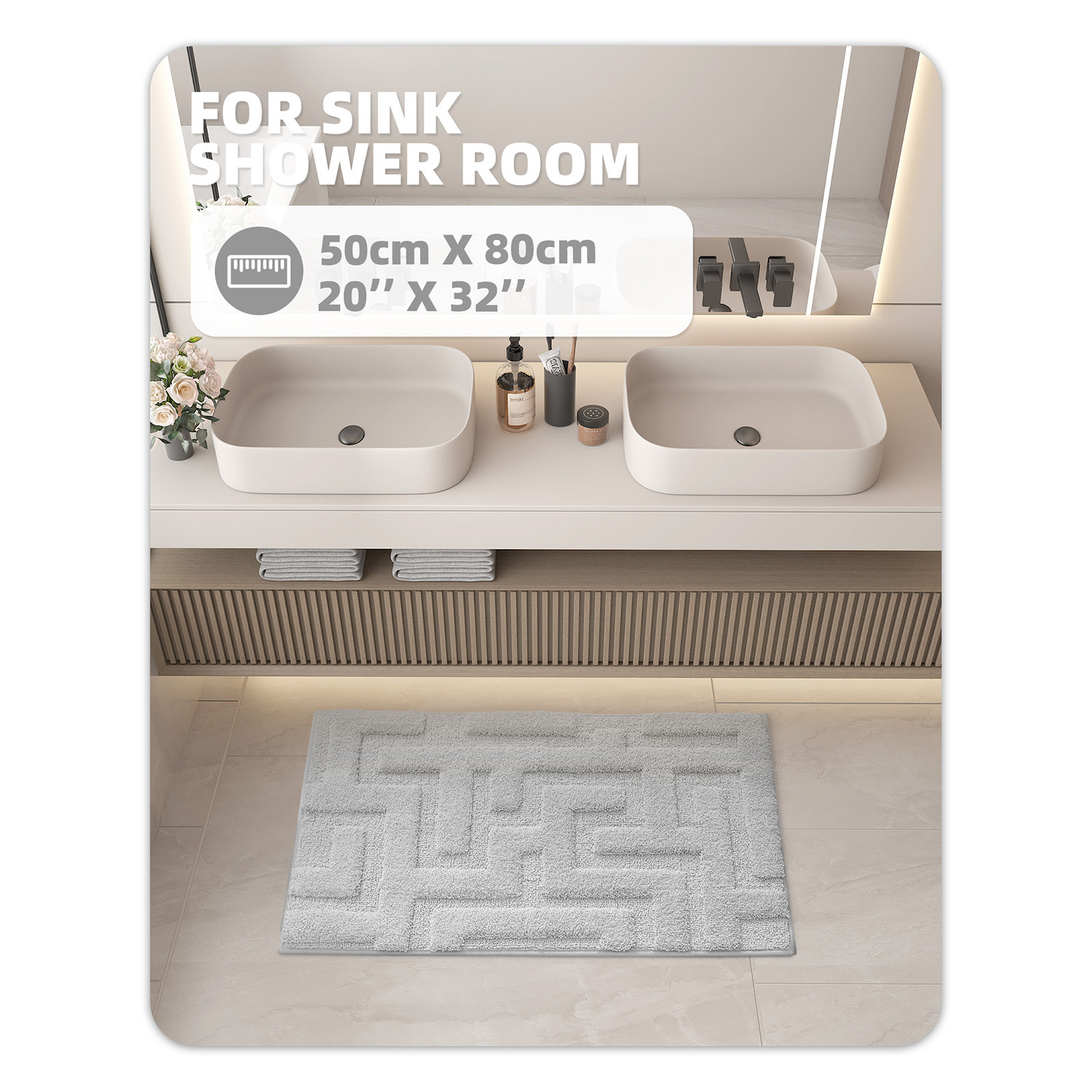 Non-Slip Bath Rug, 20" L x 32" W, Gray