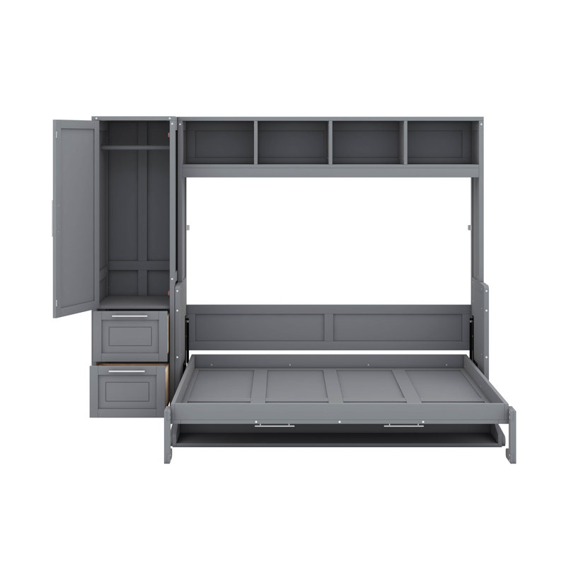 Lit escamotable double avec tiroirs et garde-robe, gris