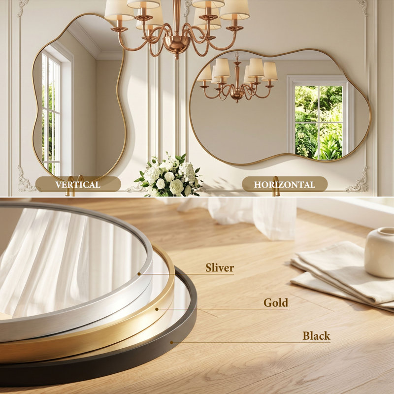 Irregular Tempered Glass And Aluminum Alloy Framed Wall Mirror, Gold, 46" x 26"