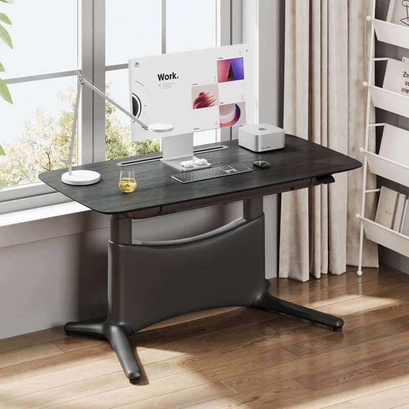 Electric Height Adjustable Desk--Solid Wood Workspace with Hidden Storage, Black, Black