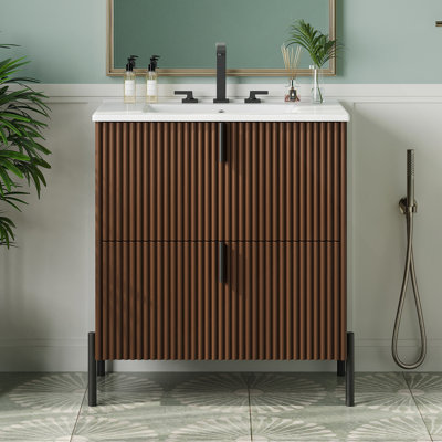 Meuble-lavabo de 30 po avec lavabo en céramique, équipé de poignées verticales et de tiroirs pleine extension, meuble-lavabo autoportant avec glissières de tiroir à fermeture en douceur, conception cannelée, brun foncé