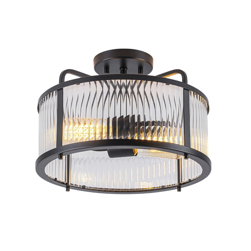 Modern Drum Semi Flush Mount Ceiling Light With Textured Glass Shade, Matte Black