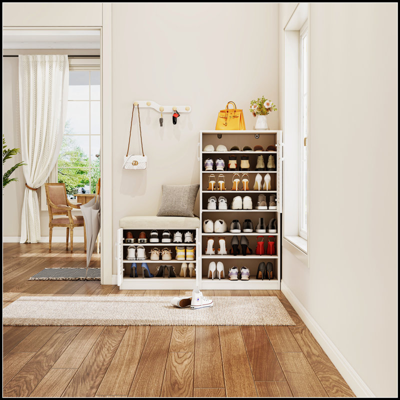 Armoire de rangement pour chaussures multifonctionnelle avec banc et compartiment de rangement 7 + 3, panneau de couches réglable
, Banc à chaussures avec coussin pour le vestibule, Range-chaussures autoportant pour le vestibule, vestibule, couloir, blanc