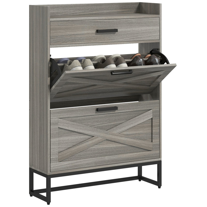 Armoire industrielle grise avec 2 tiroirs et tablettes réglables pour 12 paires de chaussures