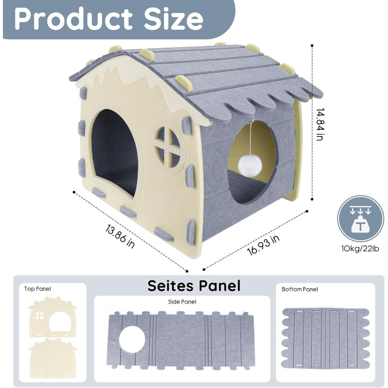 Lit pour chat pour chat d'intérieur, lit pour chat pour plusieurs et grands chats jusqu'à 22 lb, grottes pour chat Peekaboo résistantes aux égratignures avec suspension de boule, gris