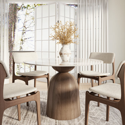 Amberly Luxurious Round Dining Table | Travertine & Stone Top With Solid Wood Base – Modern Design For Home & Entertaining