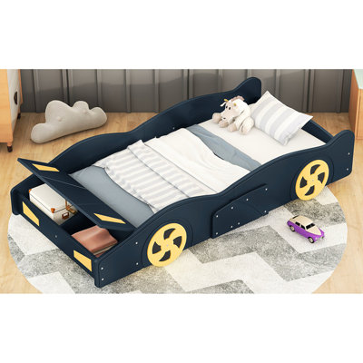 Lit de voiture de course simple avec rangement pratique et durabilité à long terme - bleu foncé et jaune, fabrication en bois pour une utilisation dans la chambre à coucher de style plateforme, pas de sommier tapissier requis