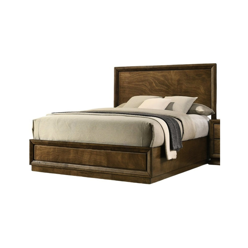 1Pc Queen Size Walnut Bedframe, Veneer Solid Rubberwood High Headboard Panel Bed, Transitional Bedroom Furnishing Decor Feature Setup Style Element Item