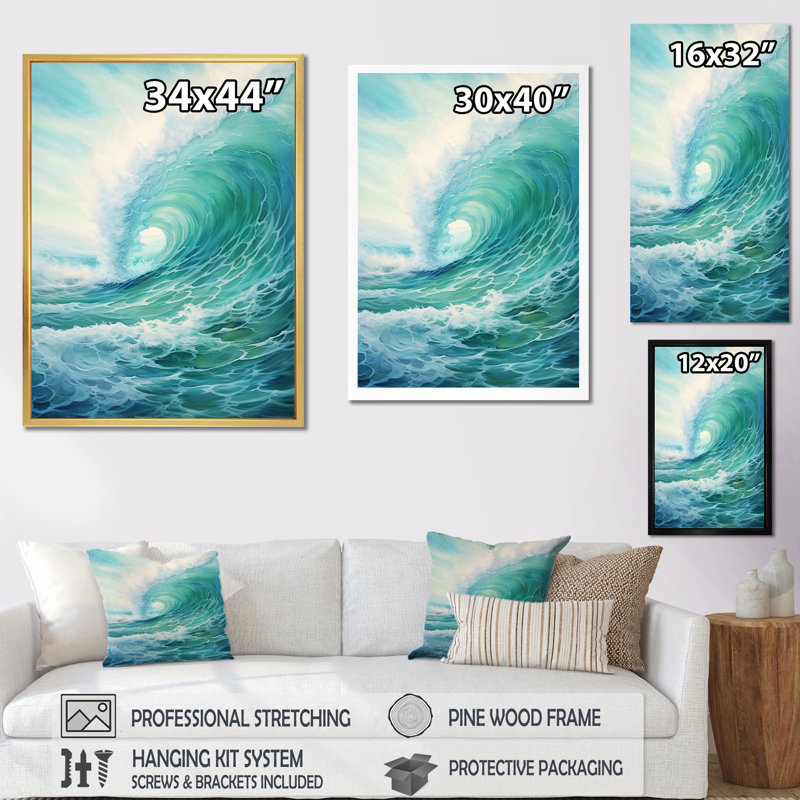 Tempête sarcelle et vague Expression III, H 32 po x l 24 po x P 1 po, Cadre flottant blanc